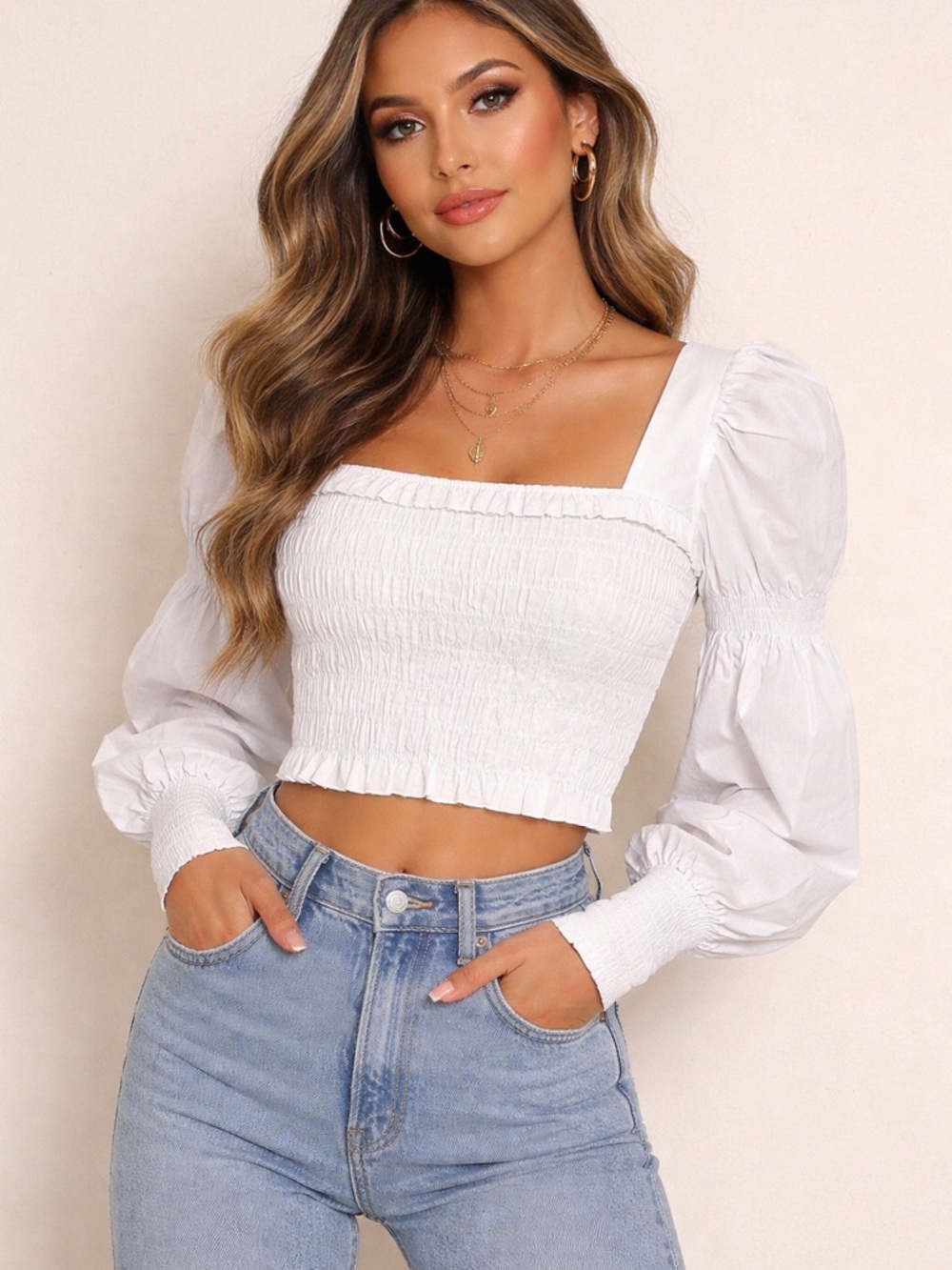 NWT Choosy Priscilla Smocked Puff Sleeve Crop Top - White